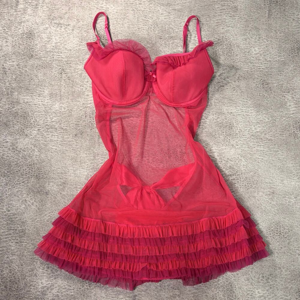 Victorias Secret Hot Pink Sheet Mesh Ruffle Slip Dress